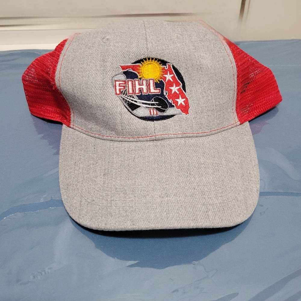 FIHL Hockey Hat Grey and Red Hit Wear Adjustable Trucker Cap